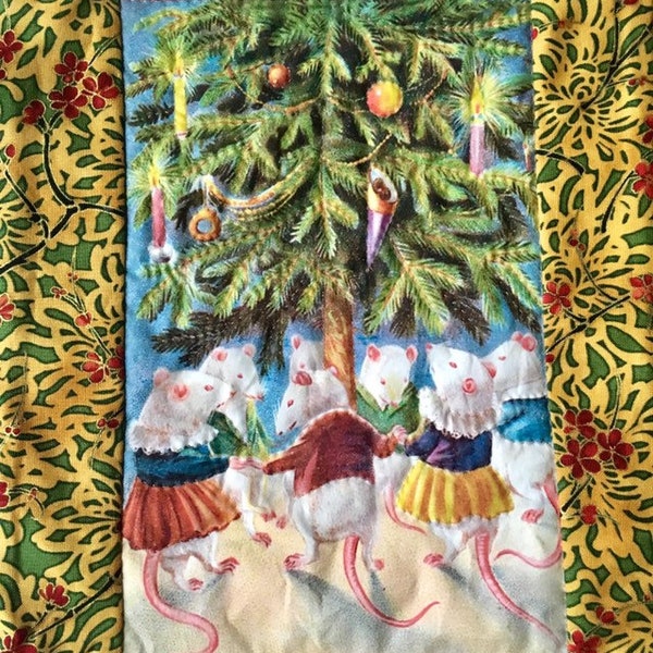Handmade hand quilted Christmas wall hanging, vintage repro, holiday decor, table mat, holiday hostess gift, gift for Mom, mice