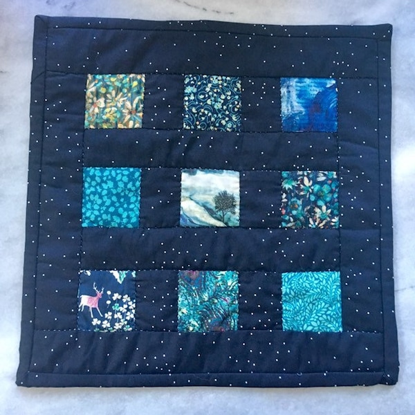 Handmade OOAK hand quilted wall hanging, textile art, fiber art, mini quilt, Scenes from A Distant Planet, blue turquoise