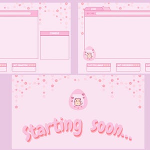 Peut inclure: Une superposition de flux Twitch rose et blanche avec un mignon chat de dessin animé, un œuf rose avec un chat à l'intérieur et le texte "starting soon..." en lettres roses. La superposition comprend une fenêtre de navigateur, une fenêtre de chat et un compteur de followers.