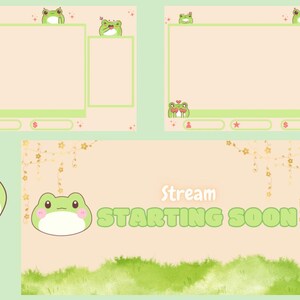 Peut inclure: Un personnage de dessin animé de grenouille verte avec un fard rose sur les joues. La grenouille est sur un fond pêche avec des étoiles dorées et une bordure d'herbe verte. Le texte "Stream Starting Soon" est en lettres vertes sur le fond.