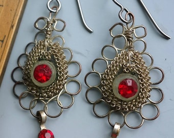 Vintage Wire Red Paste Glass Earrings