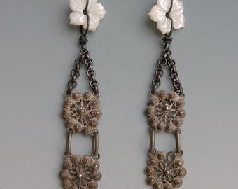 Antique Silver Cannetile Mother of Pearl Long Earrings
