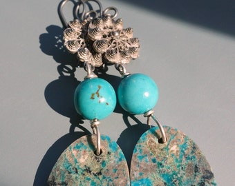 Vintage Filigree Chrysocolla Azurite Turquoise Earrings