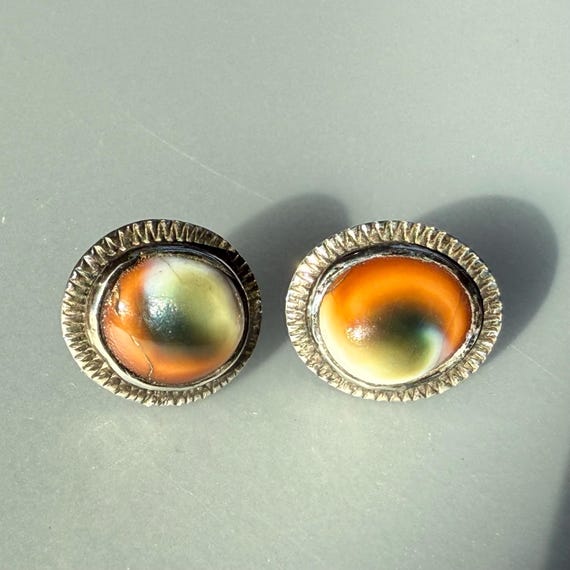 Antique Operculum Sterling Threaded Post Earrings - image 2