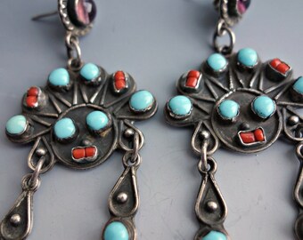 Turquoise Coral Sterling Figural Earrings Mexico