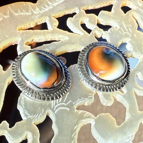 Antique Operculum Sterling Threaded Post Earrings - image 6
