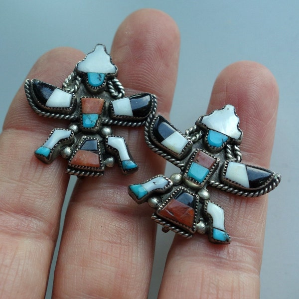 Zuni Inlaid Knifewing Thunderbird Earrings Turquoise Sterling