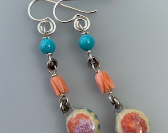 Coral Turquoise Handmade Ceramic Dangle Earrings