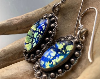 Vintage Mexican Sterling and Foil Glass Earrings