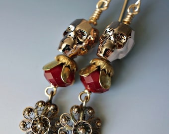 Gold Crystal Skull Filigree Earrings