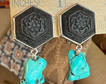 Stephen Dweck Turquoise Carved Onyx Sterling Clip Earrings