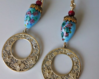 Antique Vermeil Filigree Czech Glass Earrings