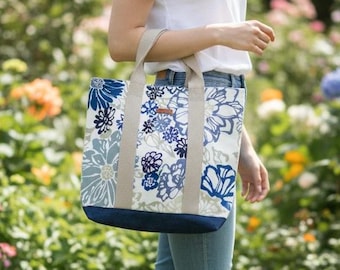 Personalized Floral Cotton Tote, 19 Fabric Choices, Handmade in USA