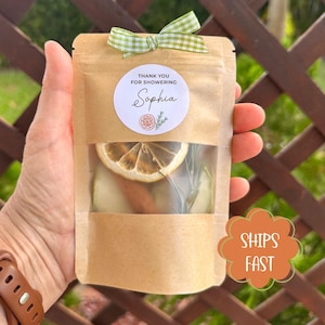 May include: A brown kraft paper pouch with a clear window containing dried lemon slices, cinnamon sticks, and herbs. A green and white gingham ribbon is tied at the top. A circular white label reads: THANK YOU FOR SHOWERING Sophia with a citrus icon.