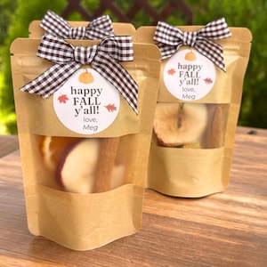 May include: Two brown kraft paper pouches with clear windows containing dried fruit and cinnamon sticks. Each pouch features a white circular label with a pumpkin icon, red and orange leaves, and the text "happy FALL y'all! love, Meg". A brown and white gingham ribbon bow is tied at the top.