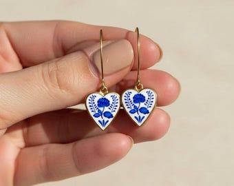 Delft Blue Floral Heart Earrings: Gold or Silver Minimalist Drop
