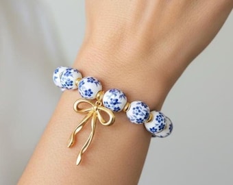 Blue White Porcelain Beaded Bracelet with Gold Bow Charm, Chinoiserie Jewelry