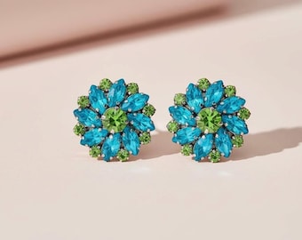 Blue & Green Crystal Flower Stud Earrings, Teal Rhinestone Floral Statement Studs