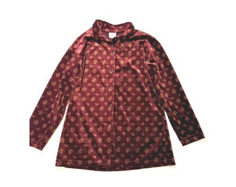 Chemise boutonnée vintage en velours à fleurs pour femme Bordeaux bordeaux Taille M