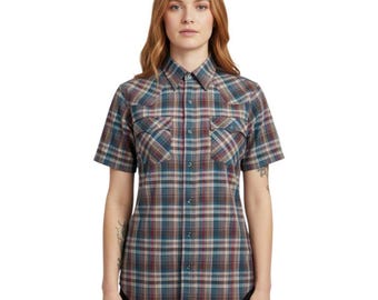 VTG LEVIS Womens Short Sleeve Plaid Western Pearl Snap Shirt Medium Button Up