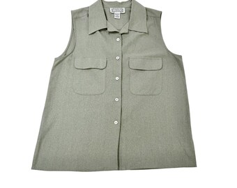 VTG 90s Minimalism Silkland Sage Green 100% Raw Pure Silk Sleeveless Shirt Vest