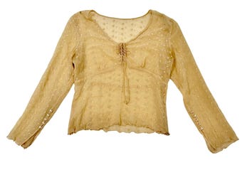 Vintage y2k Yellow Eyelet Sheer Long Sleeve Blouse V-Neck Tie Front Lettuce Trim