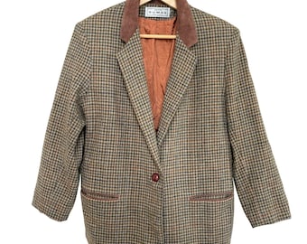 VTG Dumas Women Blazer Sz M/L Academia Houndstooth Wool Equestrian Old Money