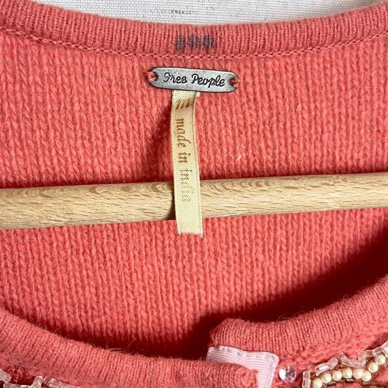 Free People Cardigan Sz M Coral Pink Beaded Rhinestone Wool angora soft girl image 3