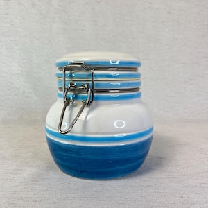 1990s Blue and White Ceramic Canister | Striped Kitchen Storage Jar with Clamp Lid | Retro Stoneware Container