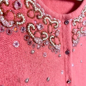 Free People Cardigan Sz M Coral Pink Beaded Rhinestone Wool angora soft girl image 2