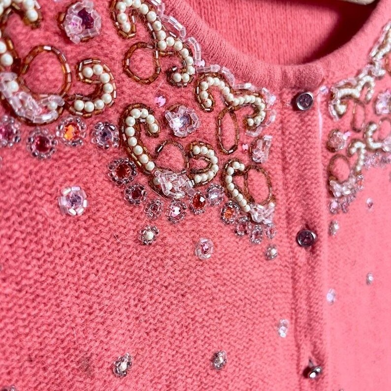 Free People Cardigan Sz M Coral Pink Beaded Rhinestone Wool angora soft girl image 2
