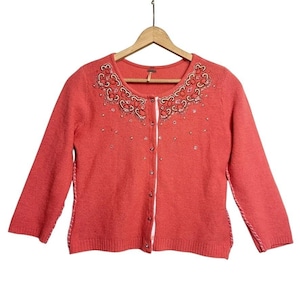 Free People Cardigan Sz M Coral Pink Beaded Rhinestone Wool angora soft girl image 1