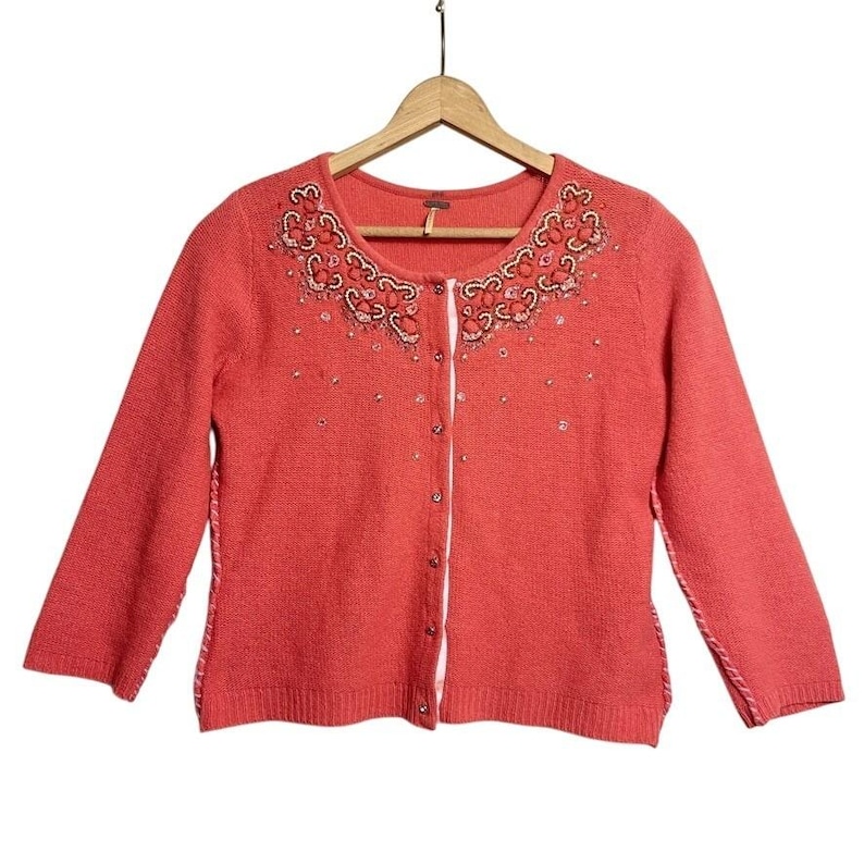 Free People Cardigan Sz M Coral Pink Beaded Rhinestone Wool angora soft girl image 1