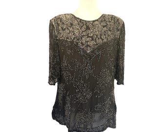VTG Silk & Velvet Odeon Black Beaded Sequined Top Blouse NYE Holiday Party Sz 14