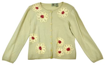 HWR VTG 90s y2k Sage Green Embroidered Floral Ribbon Applique Cardigan Sweater L