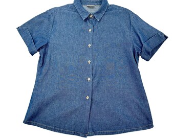 VTG 90s Bobbie Brooks Short Sleeve Denim Button Down Shirt Blue Minimalism
