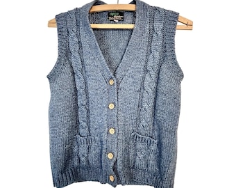 VTG CHEGO Cable Knit Fishermans Sweater Vest Blue Nautical Coastal Grandma Sz S