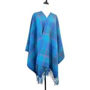 Vintage Pendleton Virgin Wool Plaid Poncho Cape Blue Teal Purple Fringe USA