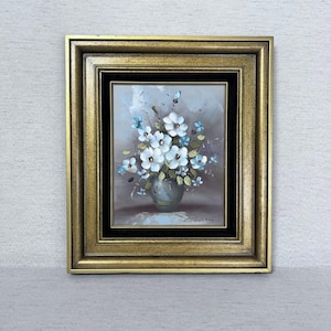 Vintage Floral Oil Painting | Gold Framed Wall Art | Mid-Century Moody Still Life