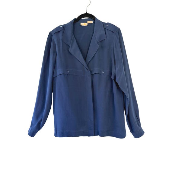Liz Claiborne, Vtg LIZ CLAIBORNE 100% Silk Utility Blouse 12 Navy Blue Epaulettes Minimalist