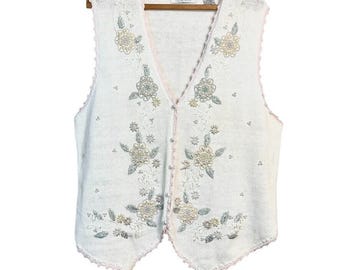 VTG Large Carolyn Taylor Beaded and embroidered Ramie Sweater Vest Soft Girl Era