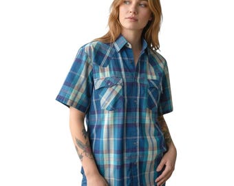 VTG LEVIS Womens Plaid Short Sleeve Pearl Snap Western Shirt Blue Turquoise M