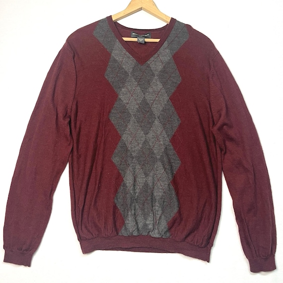 Banana Republic, Banana Republic Sweater Mens XL Argyle Burgundy Red V Neck 100% Wool