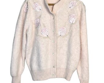 Vtg Angora Cardigan SO SOFT Girl Blush Pink Embellished Satin Rose Pearl Sweater