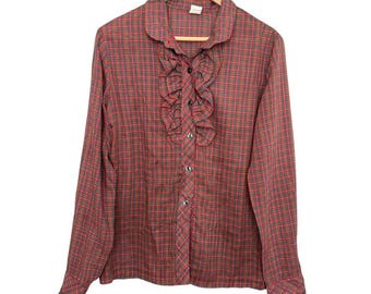 VTG Cottagecore Plaid Ruffle Front Button Up Christmas Blouse Western Americana