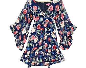 Betsey Johnson Bambi Garden Floral Mini Flowy Wide Bell Sleeves Babydoll Dress 6