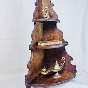 Vintage Wooden Corner Shelf | Three-Tier Wall Display | 1960s Wood Decor