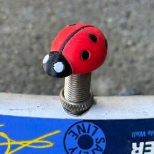Könnte beinhalten: Eine rote Marienkäfer-Ventilkappe mit schwarzen Punkten und einem schwarzen Kopf mit weißen Akzenten. Der Marienkäfer ist auf einem silbernen Ventil montiert, vor einem blau-weißen Fahrradrad.