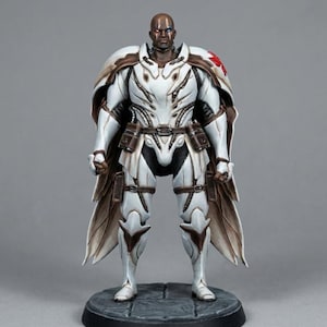 May include: A detailed figurine of a bald figure in white and brown armor, standing on a circular base. The armor has intricate designs and a red cross on the shoulder. The figure has blue and red markings on the face and is posed with hands at the sides.