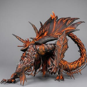 Könnte beinhalten: Eine detaillierte Skulptur eines Drachen mit feurigem, lavaartigem Aussehen. Der Drache weist komplizierte Schuppen, Hörner und Flügel auf, mit einer Farbpalette aus Schwarz, Orange und Rot. Die Kreatur ist in einer dynamischen, geduckten Position dargestellt.